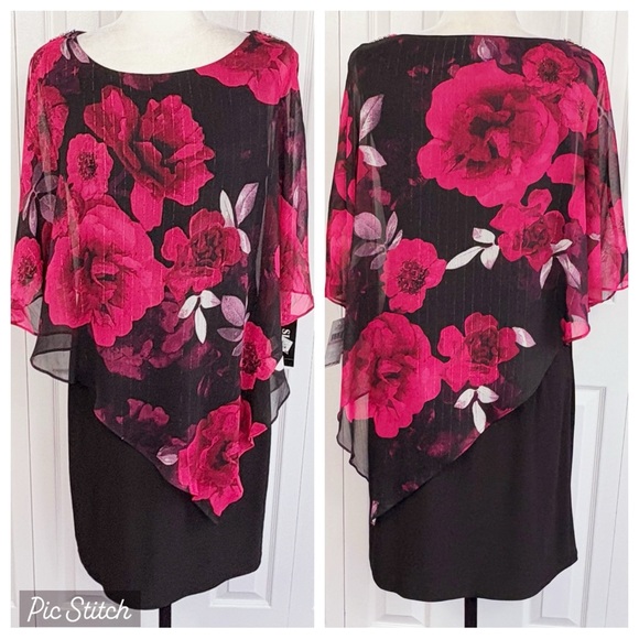 SLNY Dresses & Skirts - NWT SLNY Black Multi Floral Metallic Print Sheer Capelet Dress 10